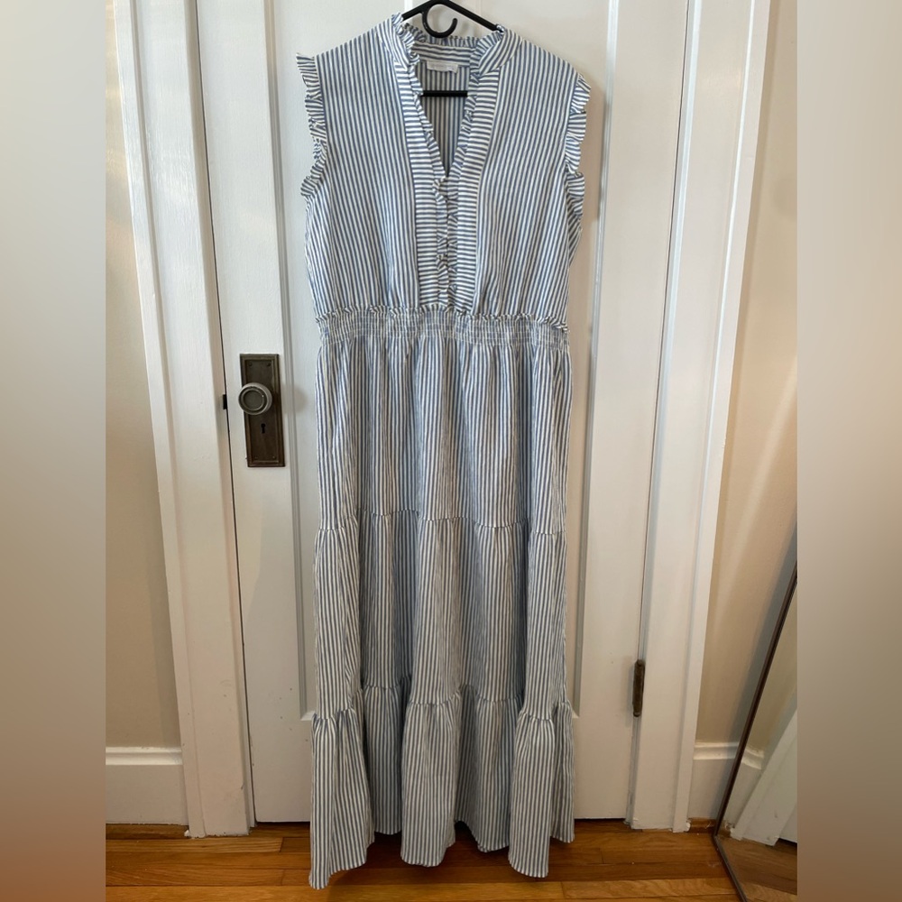 London Times Blue and White Striped Seersucker Maxi Dress